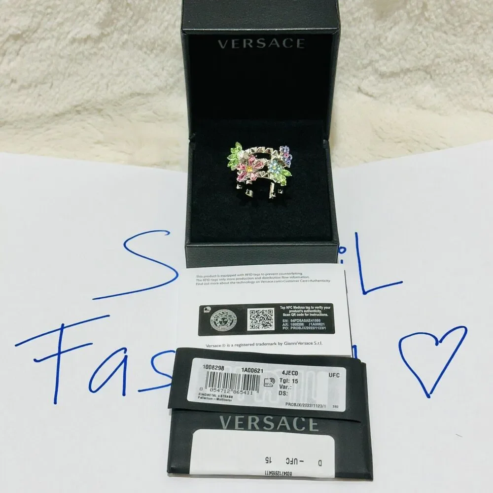 NIB Versace Multicolor Crystal Flower Bloom Ring Silver Tone IT 15 US 7 $675